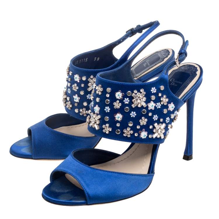 Pre Owned Dior Blue Satin Embellished Slingback Sandals Size 38