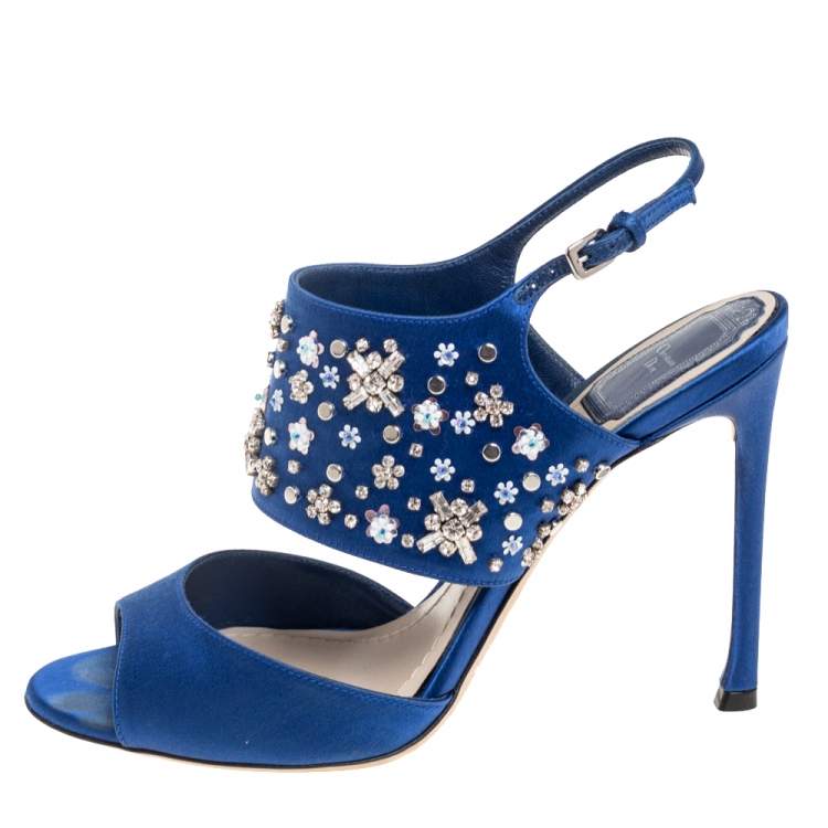 Pre Owned Dior Blue Satin Embellished Slingback Sandals Size 38