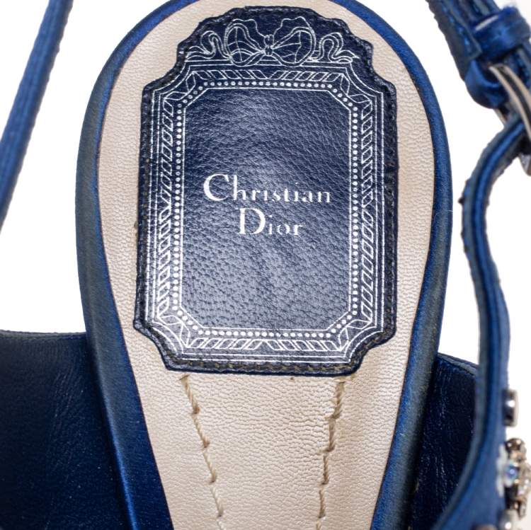 Pre Owned Dior Blue Satin Embellished Slingback Sandals Size 38