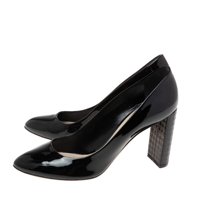Pre Owned Dior Black Patent Leather Cannage Block Heel Pumps Size 39.5