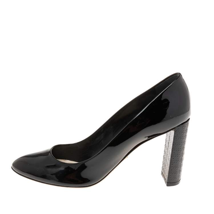 Pre Owned Dior Black Patent Leather Cannage Block Heel Pumps Size 39.5