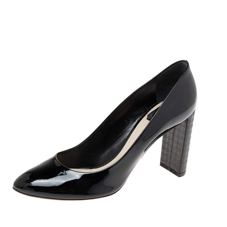 Pre Owned Dior Black Patent Leather Cannage Block Heel Pumps Size 39.5