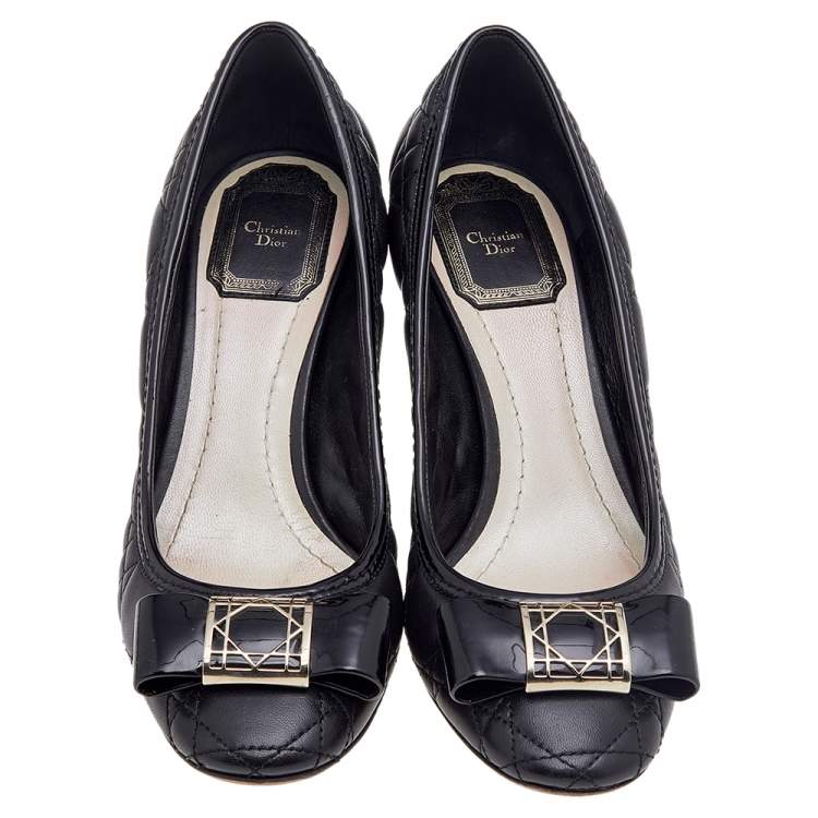 Pre Owned Dior Black Patent Leather And Cannage Leather Bow Pumps Size 36.5