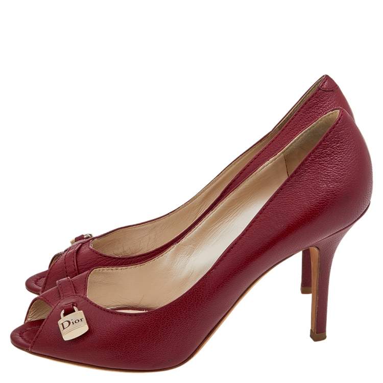 Pre Owned Dior Red Leather Lock Detail Peep Toe Pumps Size 41