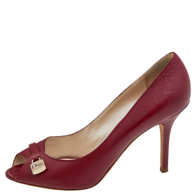 Pre Owned Dior Red Leather Lock Detail Peep Toe Pumps Size 41