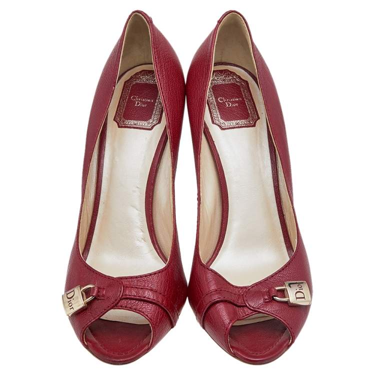 Pre Owned Dior Red Leather Lock Detail Peep Toe Pumps Size 41