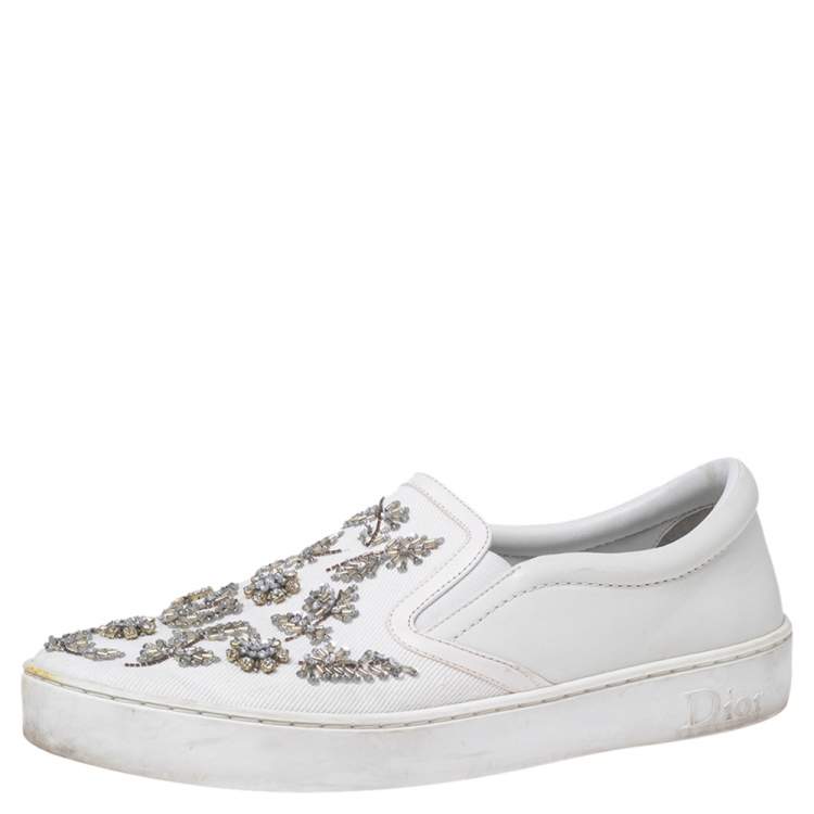 Pre Owned Dior White Canvas And Leather Embroidered Slip On Sneakers Size 39