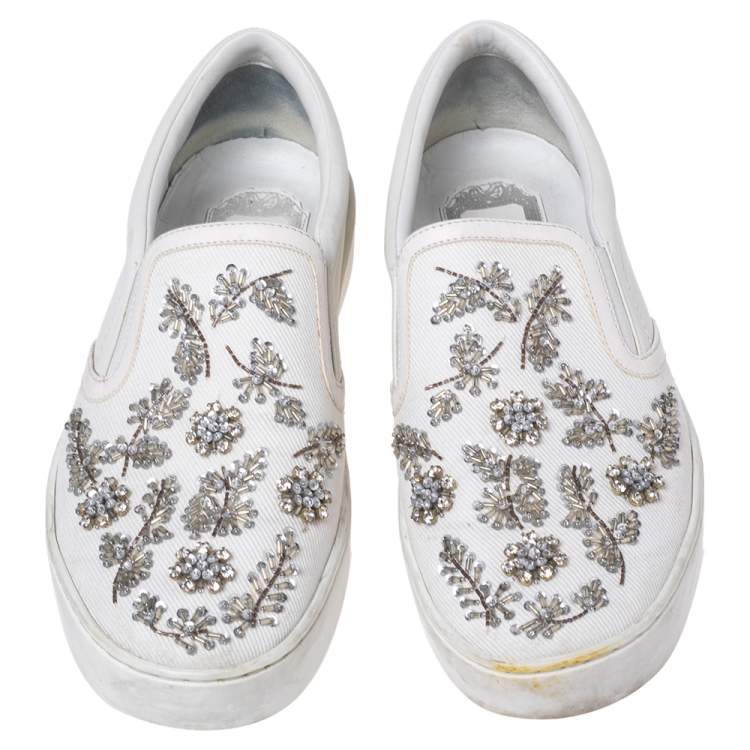 Pre Owned Dior White Canvas And Leather Embroidered Slip On Sneakers Size 39