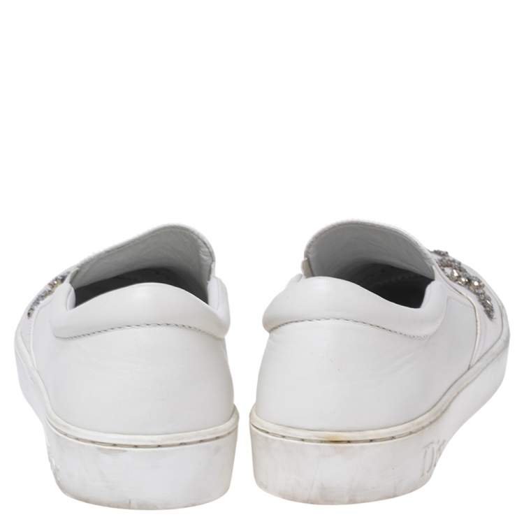 Pre Owned Dior White Canvas And Leather Embroidered Slip On Sneakers Size 39