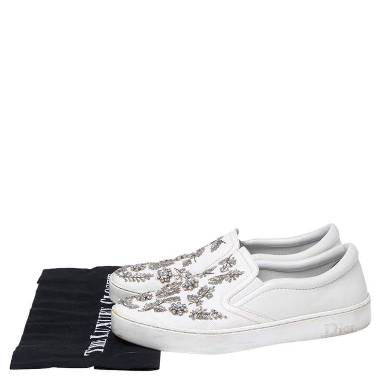 Pre Owned Dior White Canvas And Leather Embroidered Slip On Sneakers Size 39