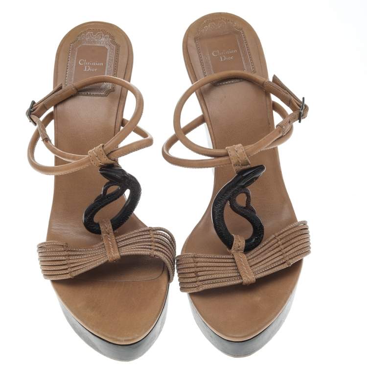 Pre Owned Dior Beige Leather Snake Embellished Wedge Platform Sandals Size 38.5