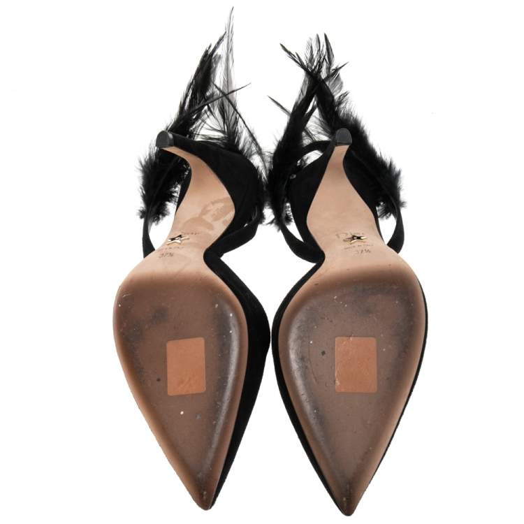 Pre Owned Dior Black Suede and Feather Ethnie Slingback Sandals Size 37.5