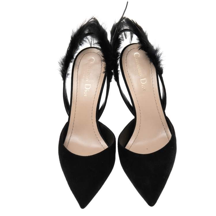 Pre Owned Dior Black Suede and Feather Ethnie Slingback Sandals Size 37.5