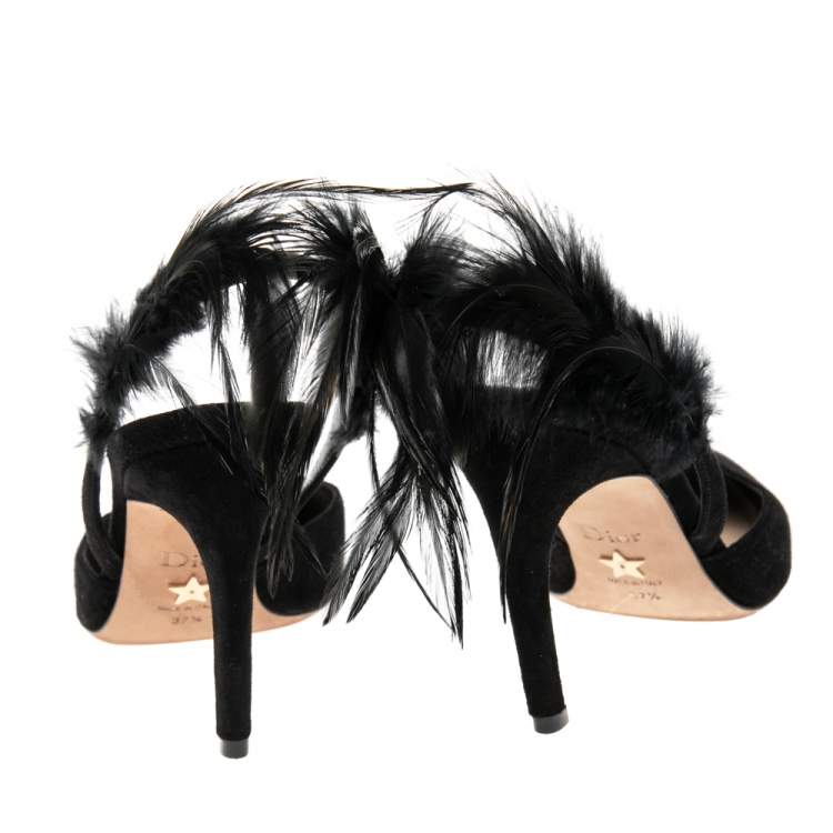 Pre Owned Dior Black Suede and Feather Ethnie Slingback Sandals Size 37.5