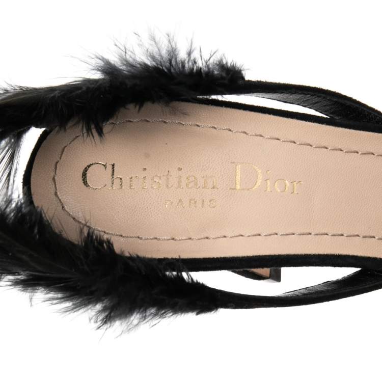 Pre Owned Dior Black Suede and Feather Ethnie Slingback Sandals Size 37.5