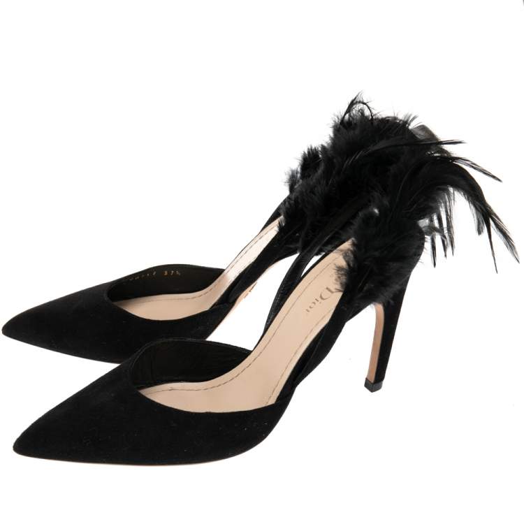 Pre Owned Dior Black Suede and Feather Ethnie Slingback Sandals Size 37.5