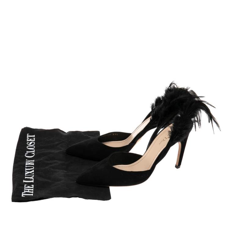 Pre Owned Dior Black Suede and Feather Ethnie Slingback Sandals Size 37.5