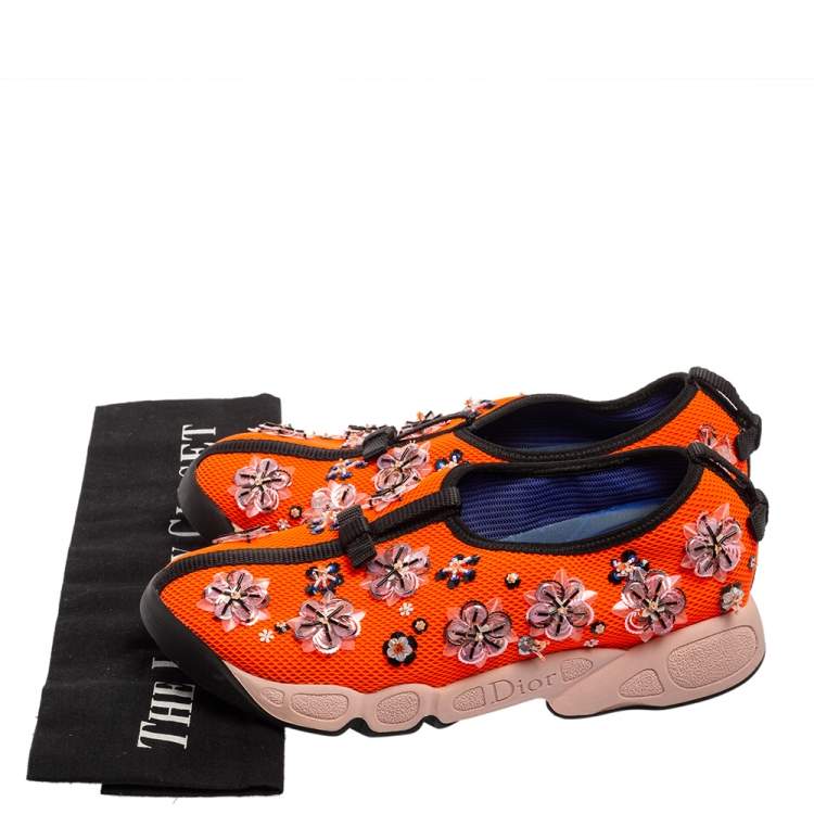 Pre Owned Dior Orange Embellished Mesh Fusion Slip-On Sneakers Size 36.5