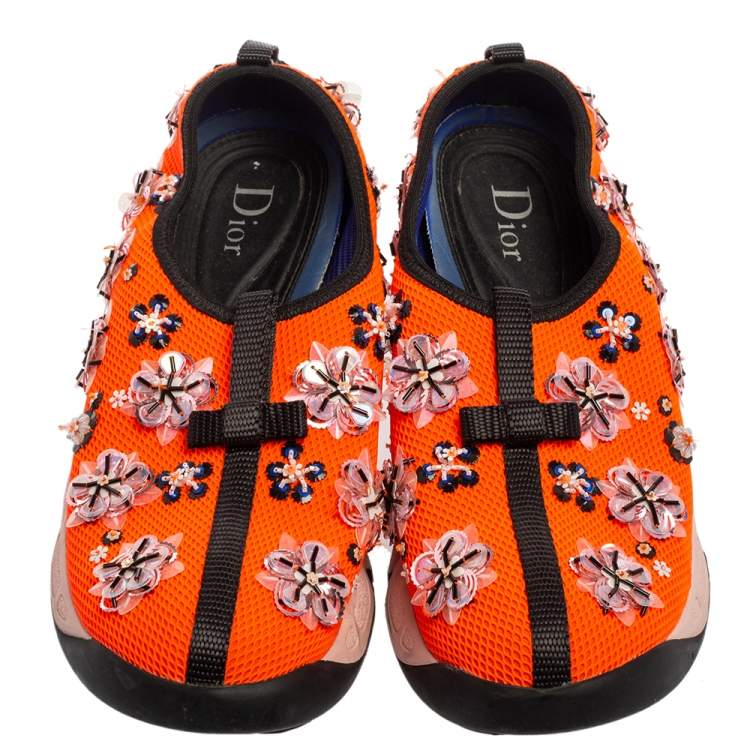Pre Owned Dior Orange Embellished Mesh Fusion Slip-On Sneakers Size 36.5