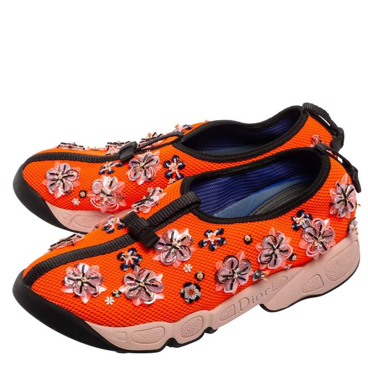 Pre Owned Dior Orange Embellished Mesh Fusion Slip-On Sneakers Size 36.5