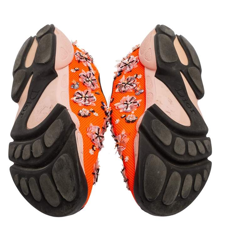 Pre Owned Dior Orange Embellished Mesh Fusion Slip-On Sneakers Size 36.5