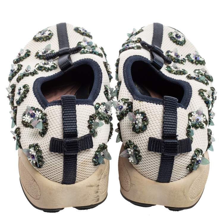 Pre Owned Dior White/Black Sequins Embellished Mesh Fusion Slip-on Sneakers Size 36.5