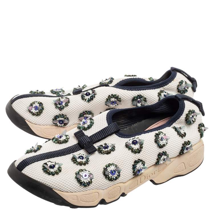 Pre Owned Dior White/Black Sequins Embellished Mesh Fusion Slip-on Sneakers Size 36.5