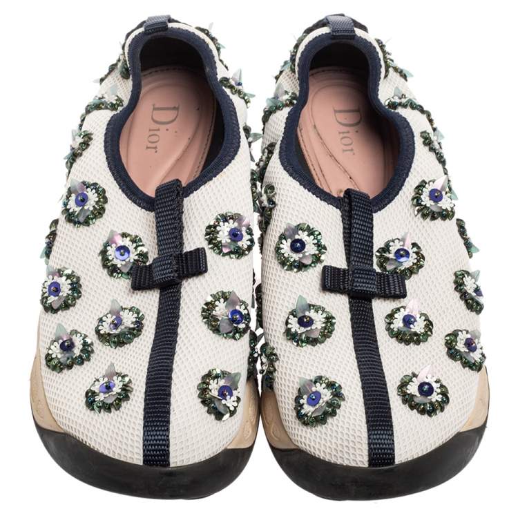 Pre Owned Dior White/Black Sequins Embellished Mesh Fusion Slip-on Sneakers Size 36.5