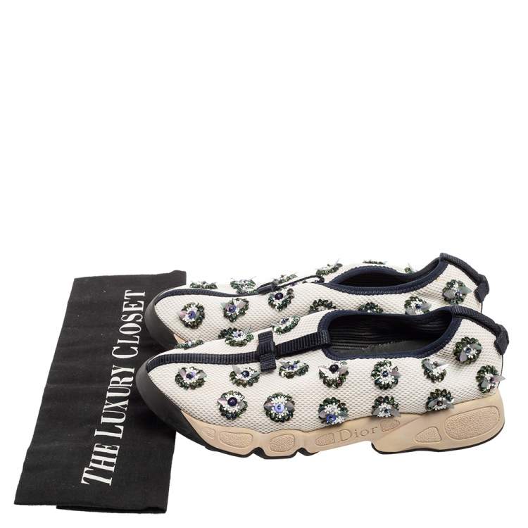 Pre Owned Dior White/Black Sequins Embellished Mesh Fusion Slip-on Sneakers Size 36.5