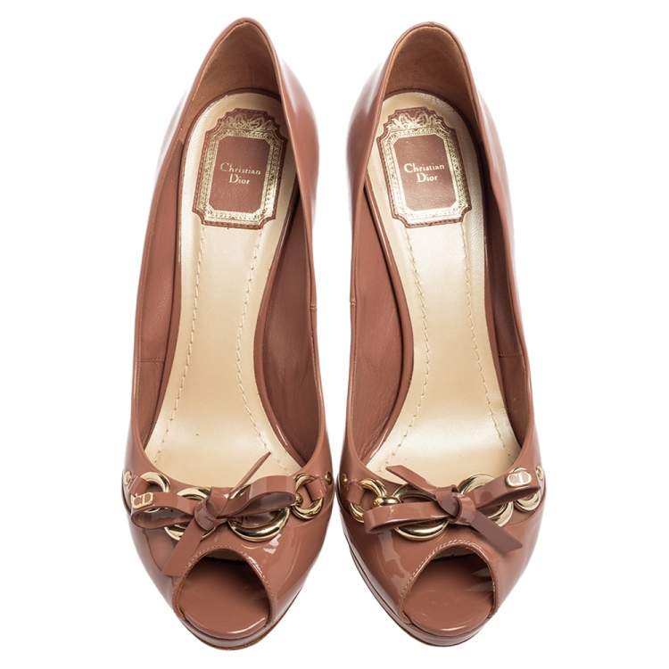 Pre Owned Dior Pink Patent Leather Bow Chain Detail Peep Toe Pumps Size 40