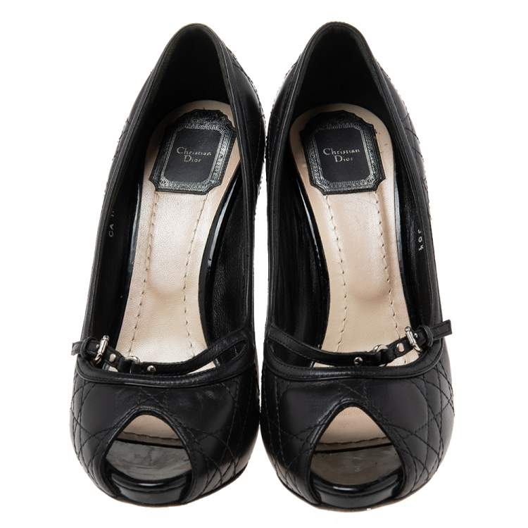 Pre Owned Dior Black Cannage Leather Bow Peep Toe Pumps Size 38.5