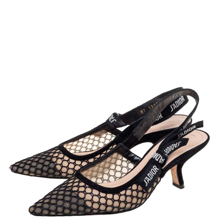 Pre Owned Dior Black/Beige Mesh And Net J'Adior Slingback Pumps Size 37