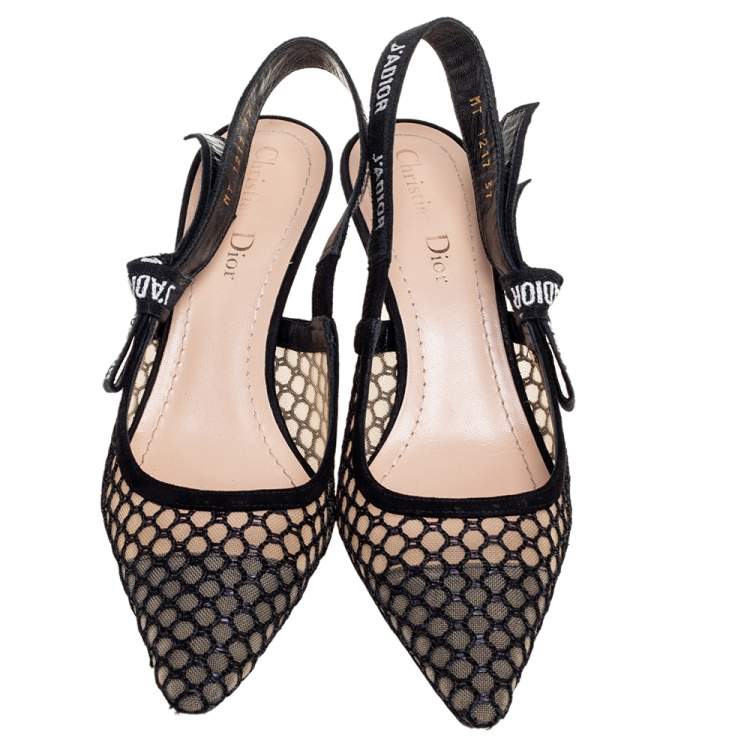 Pre Owned Dior Black/Beige Mesh And Net J'Adior Slingback Pumps Size 37