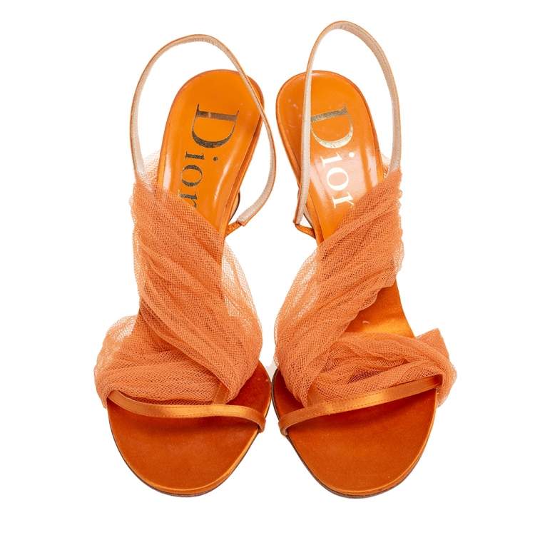 Pre Owned Dior Orange Satin and Mesh Sculpted Heel Slingback Sandals Size 39.5