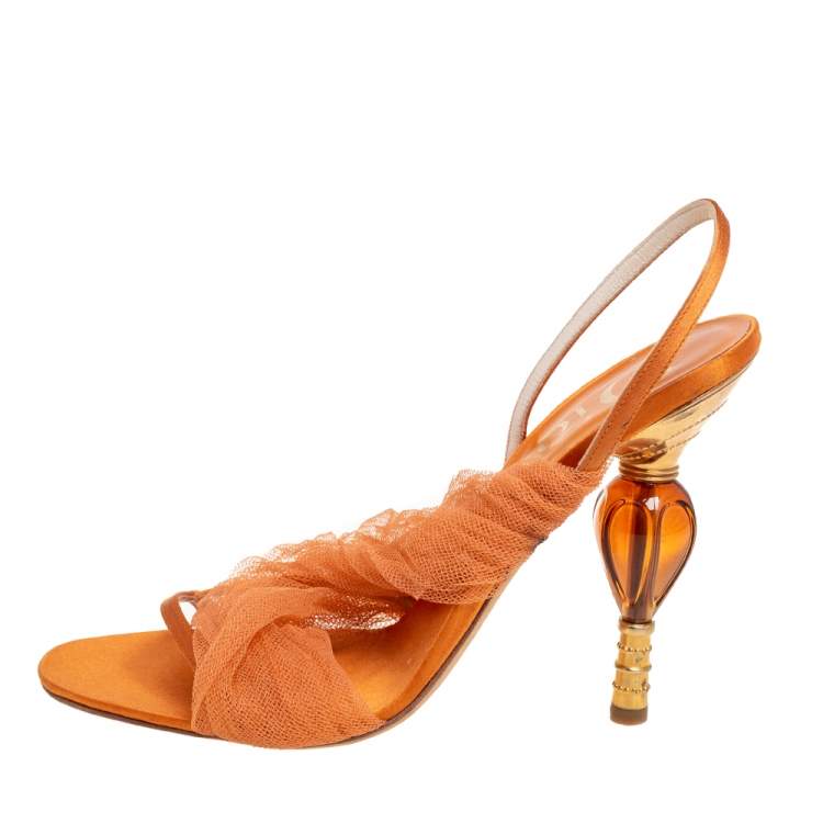Pre Owned Dior Orange Satin and Mesh Sculpted Heel Slingback Sandals Size 39.5
