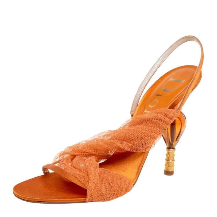 Pre Owned Dior Orange Satin and Mesh Sculpted Heel Slingback Sandals Size 39.5