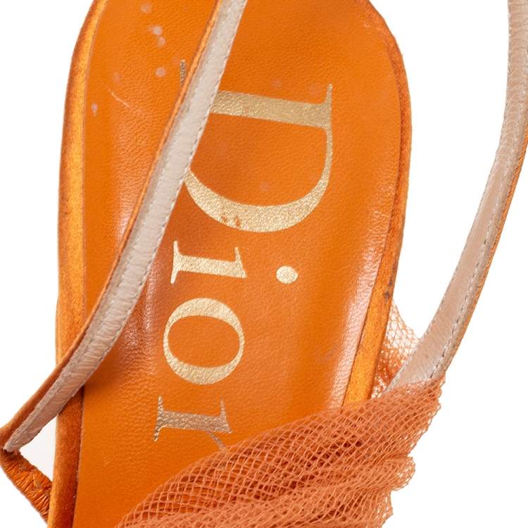 Pre Owned Dior Orange Satin and Mesh Sculpted Heel Slingback Sandals Size 39.5