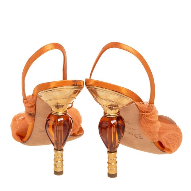 Pre Owned Dior Orange Satin and Mesh Sculpted Heel Slingback Sandals Size 39.5