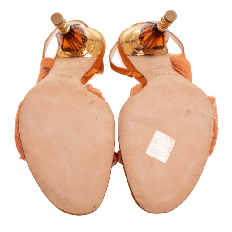 Pre Owned Dior Orange Satin and Mesh Sculpted Heel Slingback Sandals Size 39.5