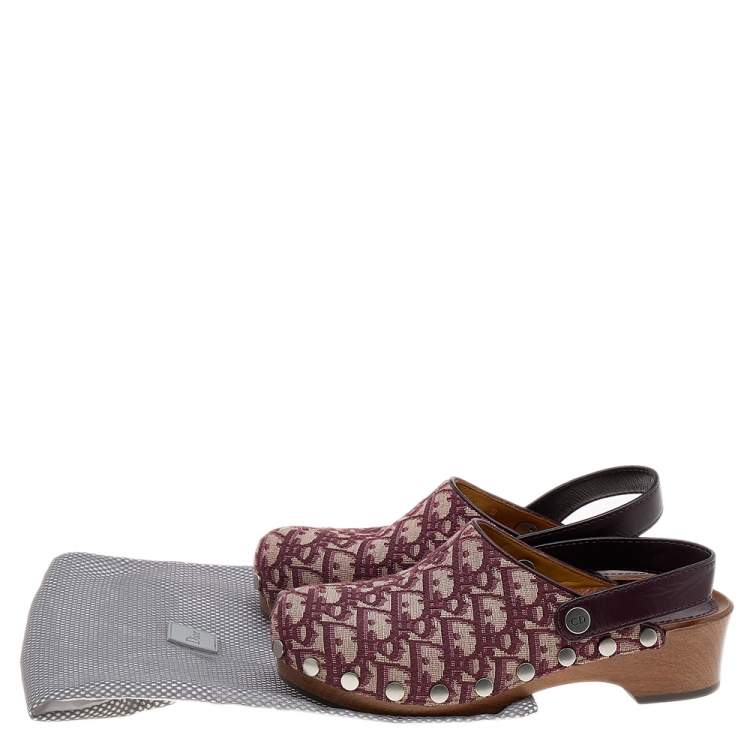 Pre Owned Dior Beige/Burgundy Oblique Canvas And Leather  Slingback Clog Sandals Size 37