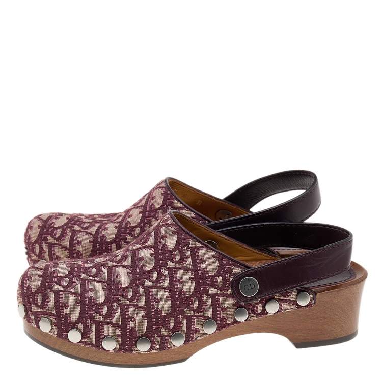 Pre Owned Dior Beige/Burgundy Oblique Canvas And Leather  Slingback Clog Sandals Size 37