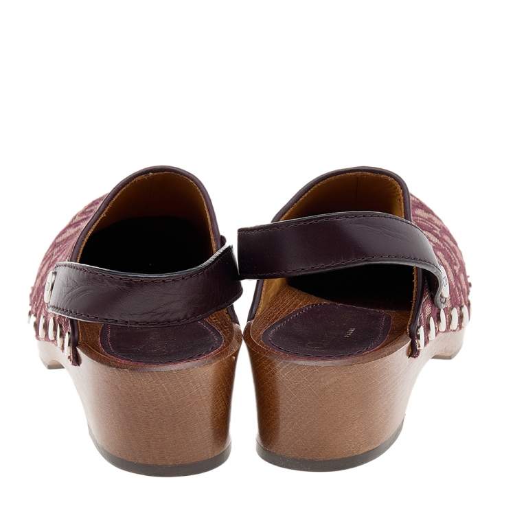 Pre Owned Dior Beige/Burgundy Oblique Canvas And Leather  Slingback Clog Sandals Size 37