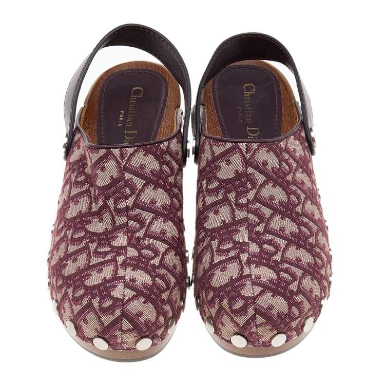 Pre Owned Dior Beige/Burgundy Oblique Canvas And Leather  Slingback Clog Sandals Size 37