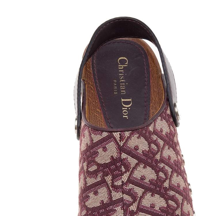 Pre Owned Dior Beige/Burgundy Oblique Canvas And Leather  Slingback Clog Sandals Size 37