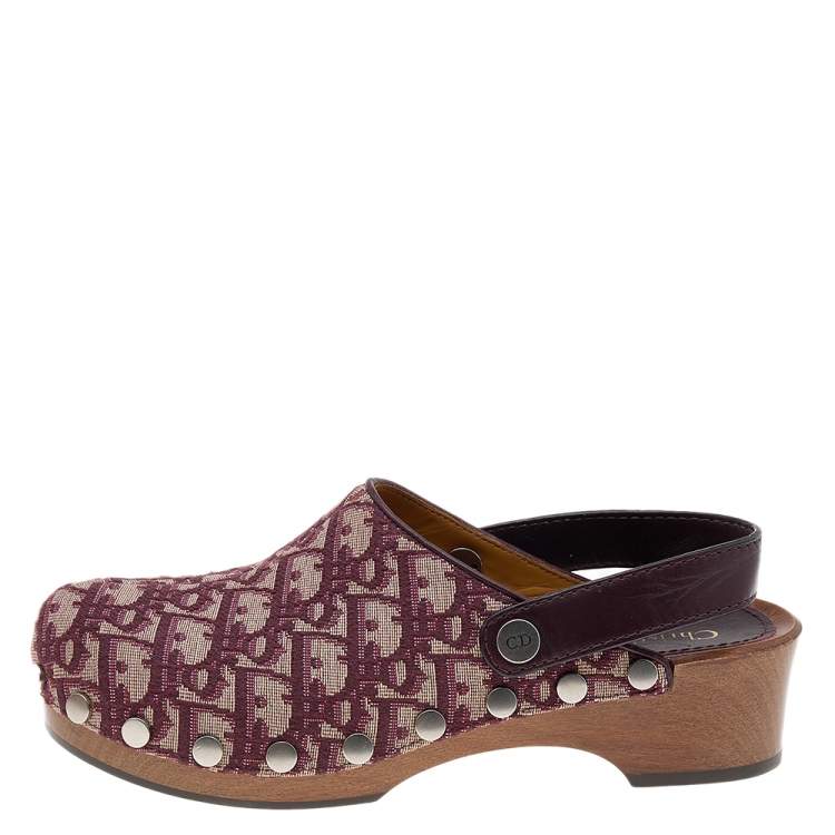 Pre Owned Dior Beige/Burgundy Oblique Canvas And Leather  Slingback Clog Sandals Size 37