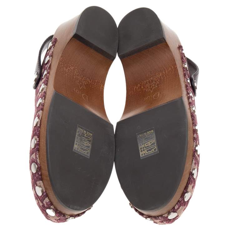 Pre Owned Dior Beige/Burgundy Oblique Canvas And Leather  Slingback Clog Sandals Size 37