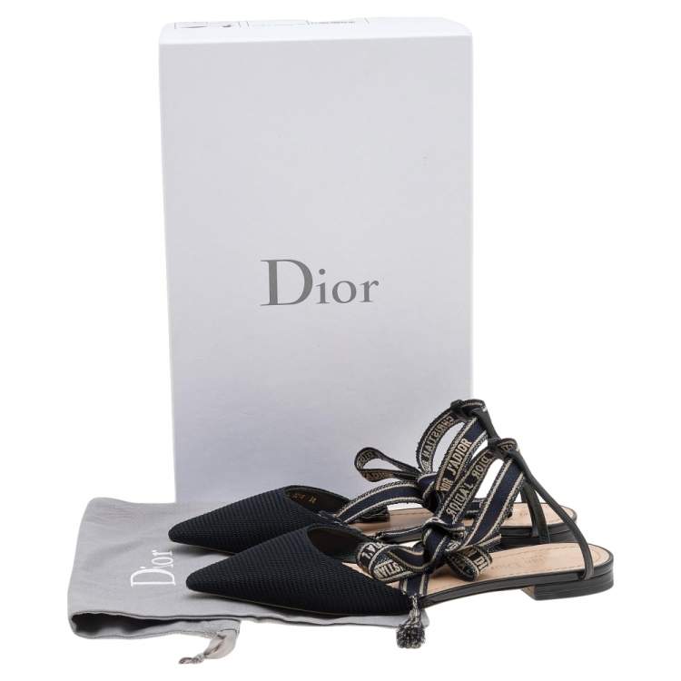 Pre Owned Dior Black Fabric J'adior Pointed Toe Ankle Wrap Flat Sandals Size 38