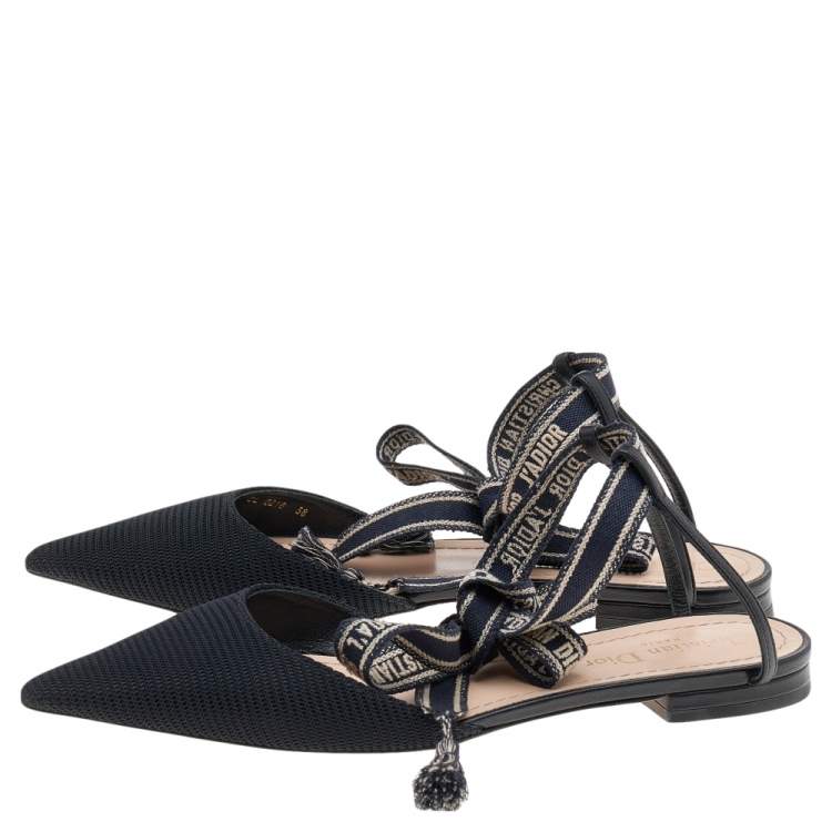Pre Owned Dior Black Fabric J'adior Pointed Toe Ankle Wrap Flat Sandals Size 38