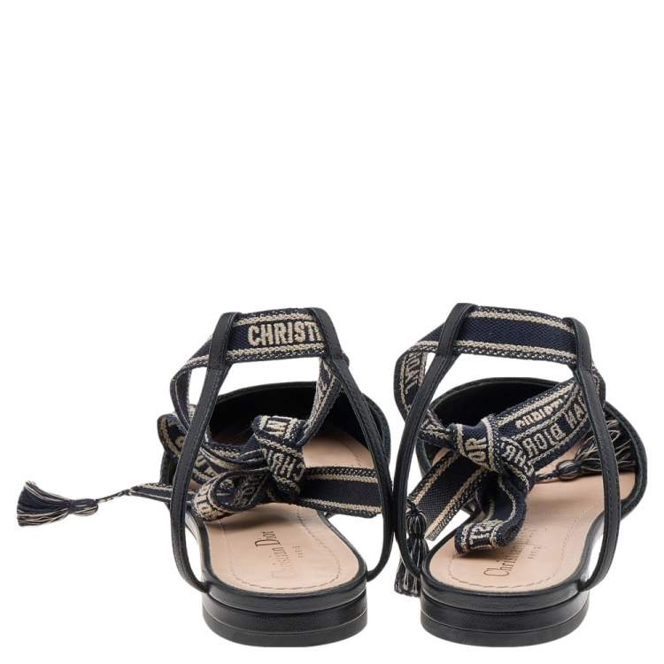 Pre Owned Dior Black Fabric J'adior Pointed Toe Ankle Wrap Flat Sandals Size 38