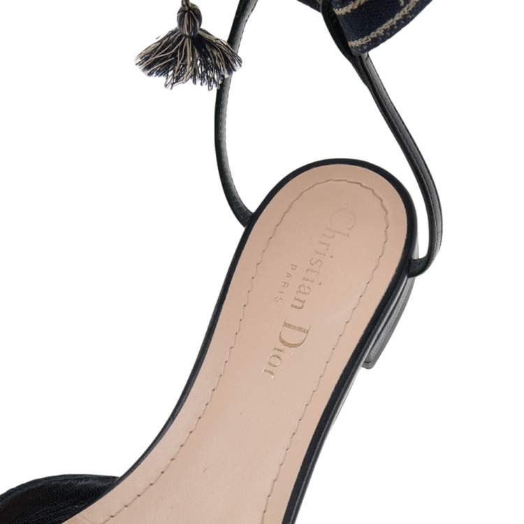 Pre Owned Dior Black Fabric J'adior Pointed Toe Ankle Wrap Flat Sandals Size 38